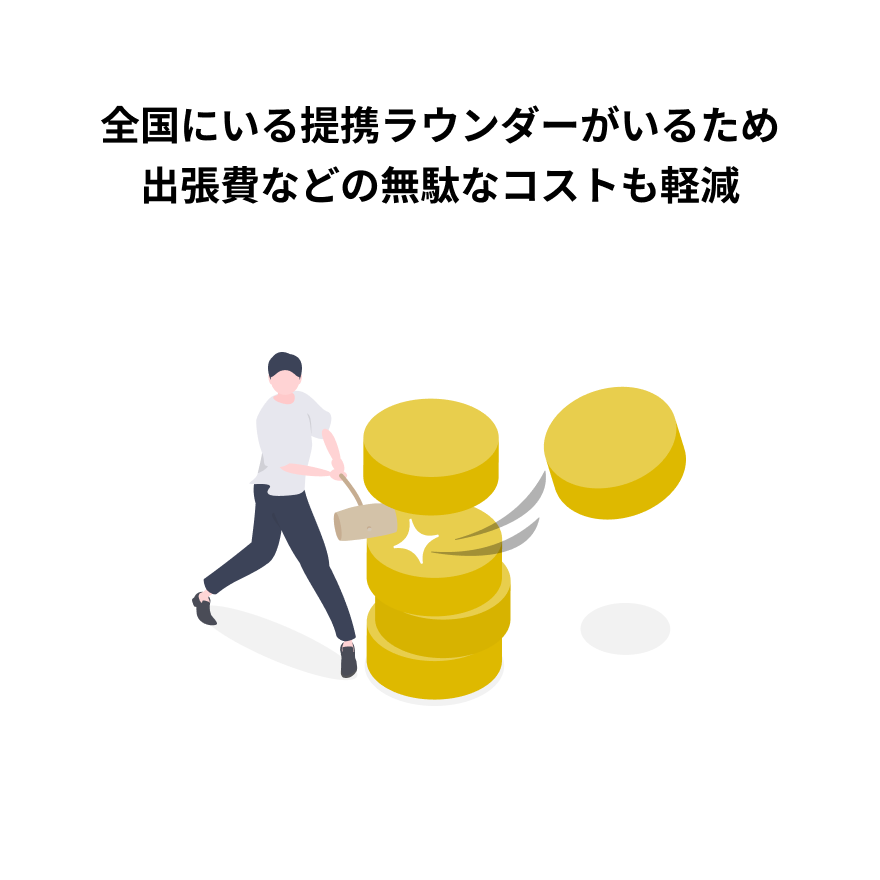 全国にいる提携ラウンダーがいるため出張費などの無駄なコストも軽減